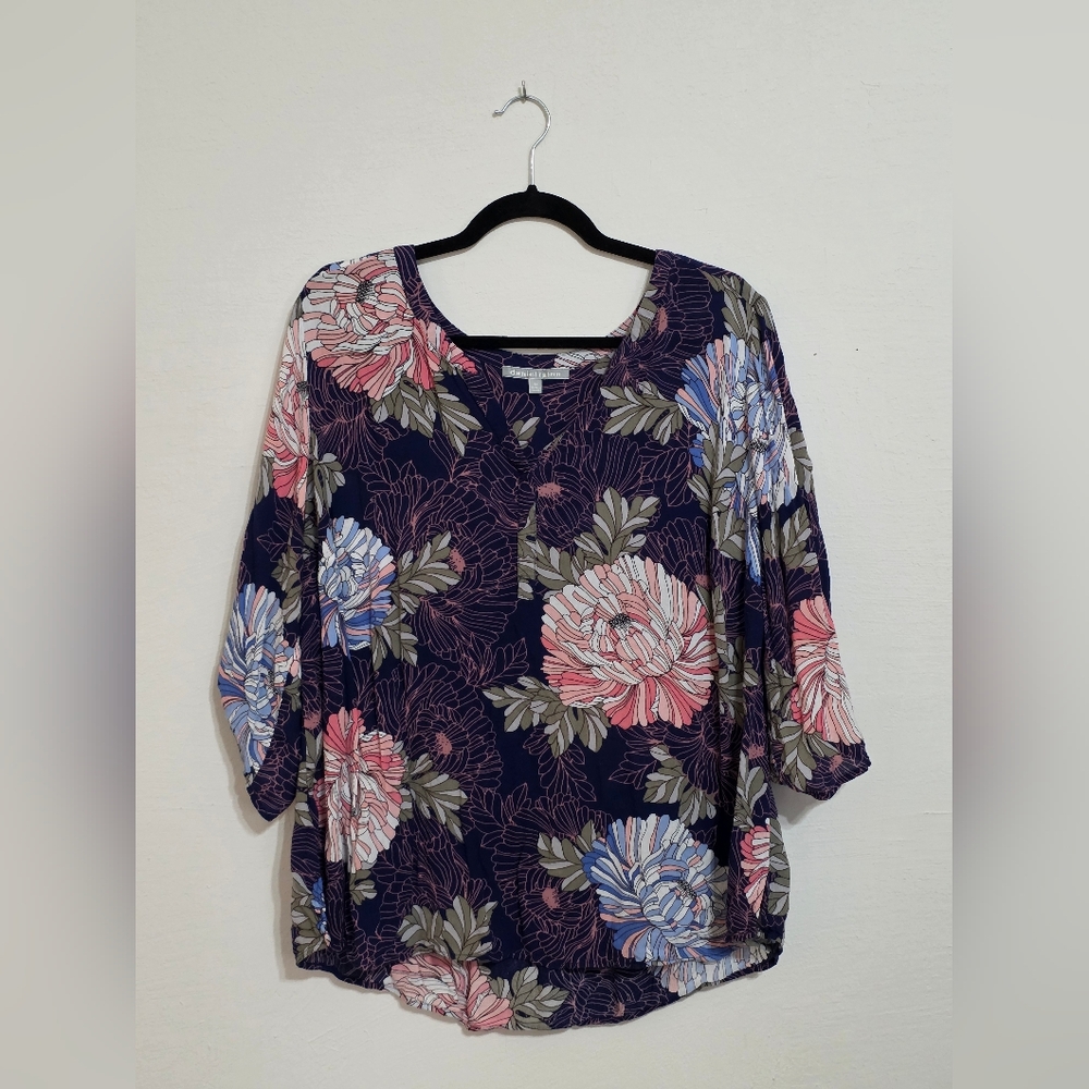 Daniel Rainn Navy Floral Blouse with Pink and White